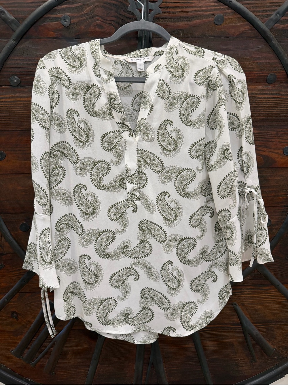 41 Hawthorn White Blouse with Olive Paisley Print